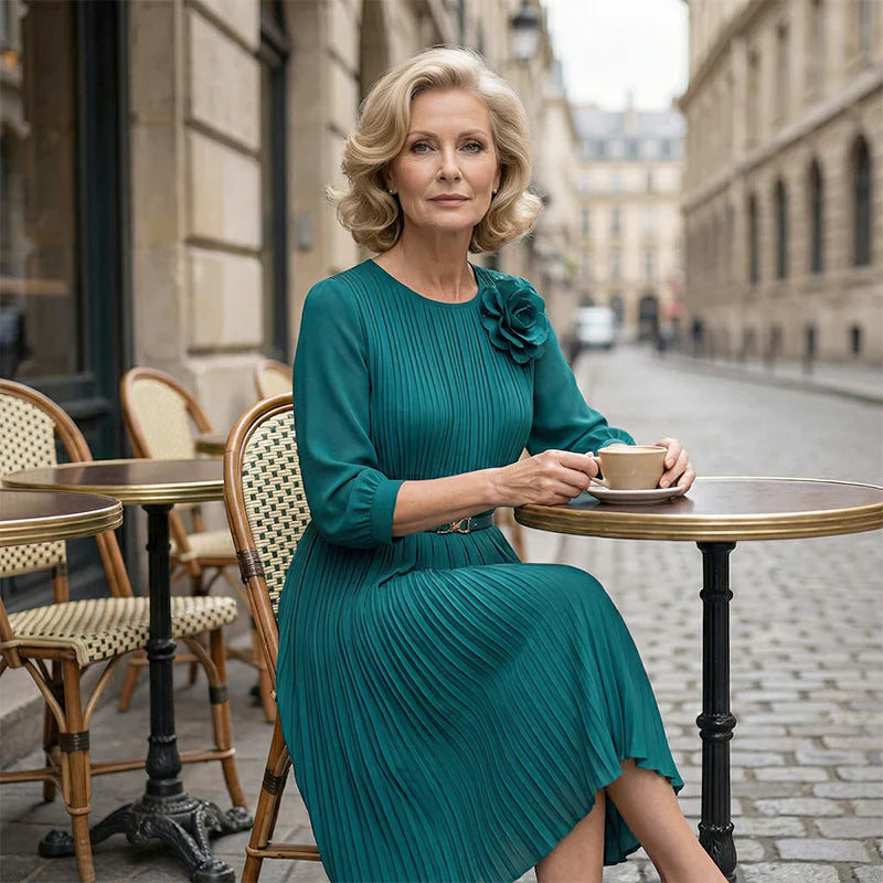 Robe midi plissée à manches 3/4 pour femme, avec ceinture à nouer