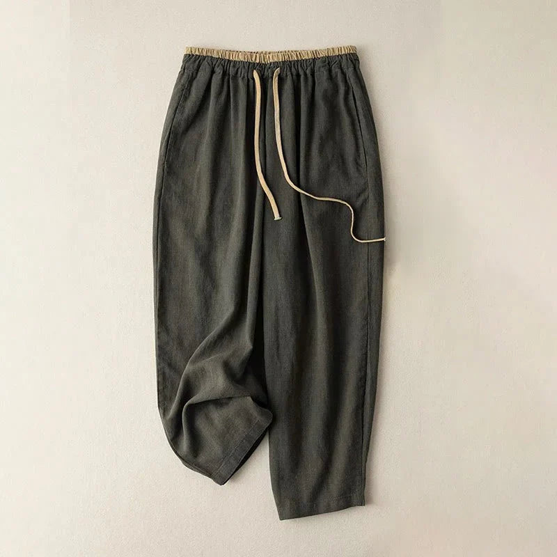 Pantalon sarouel en coton et lin Ă cordon de serrage avec poches pour femme