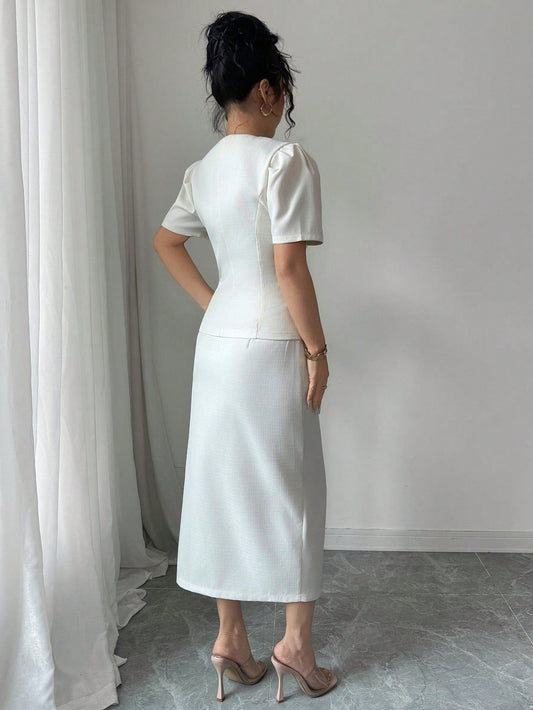 Ensemble Blazer Et Jupe En Laine Couleur Abricot Élégant