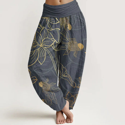 Pantalon harem taille élastique en coton pour femme, motif carpes koï et lotus
