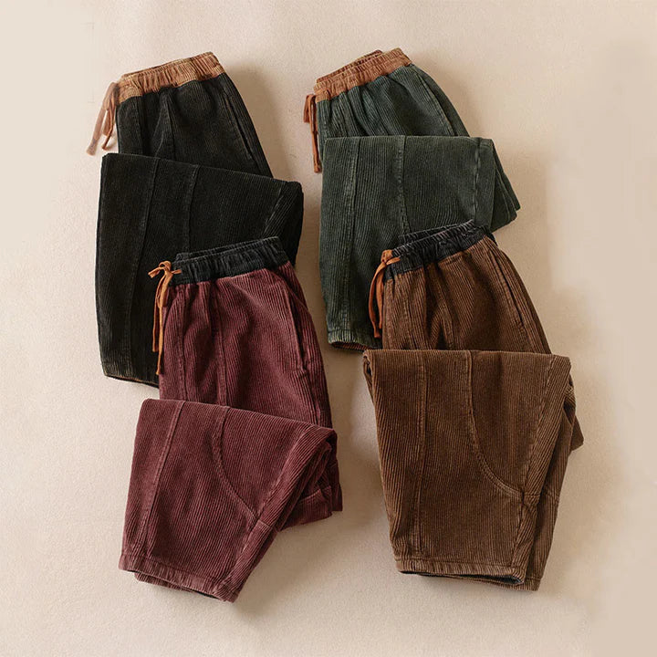 Pantalon Sarouel Femme Thermique en Velours Côtelé avec Poignets Contrastés et Poches