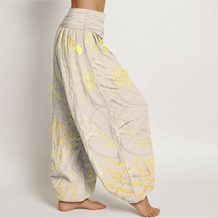 Pantalon harem taille élastique en coton pour femme, motif carpes koï et lotus