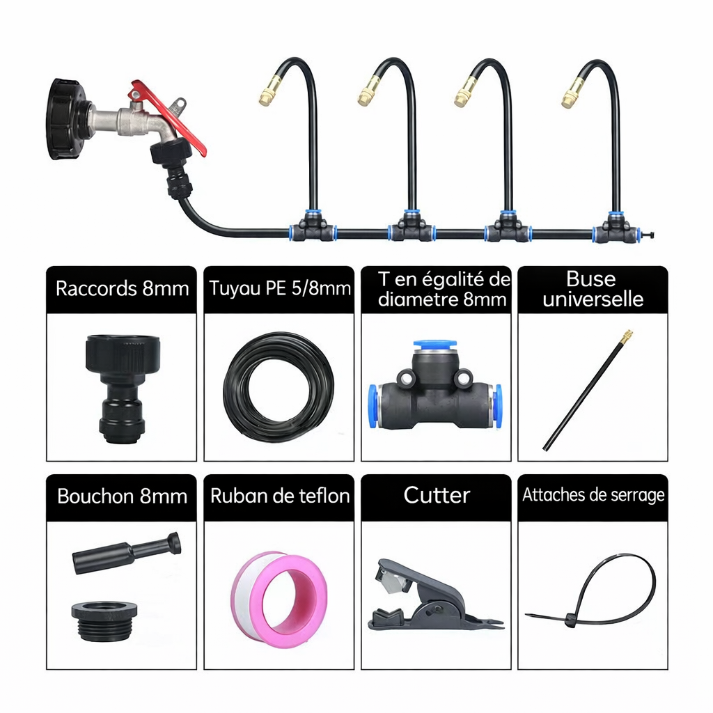 Kit de système d'irrigation par brumisation réglable pour jardin avec buses de pulvérisation
