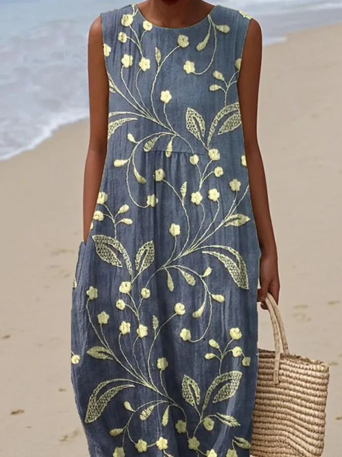 Robe sans manches à imprimé floral pour femme, en coton et lin
