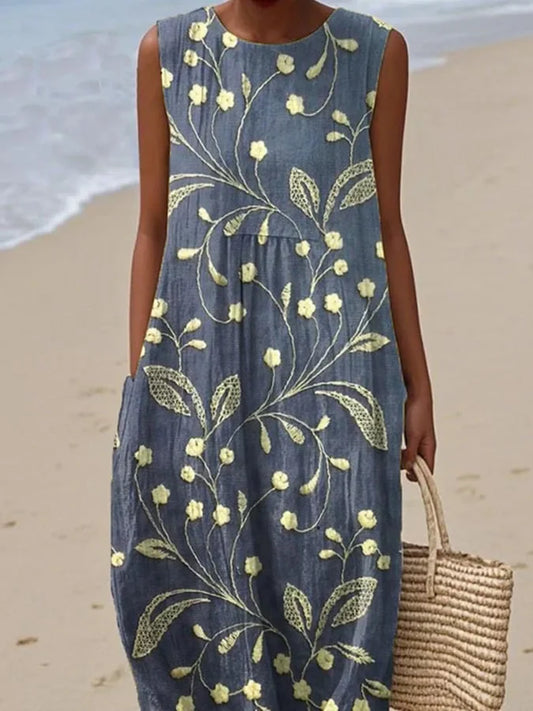 Robe sans manches à imprimé floral pour femme, en coton et lin