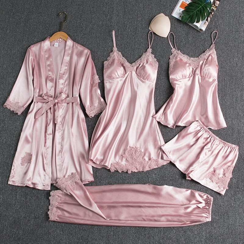 Ensemble de nuit 5 pièces pour femme avec bordure en dentelle soyeuse