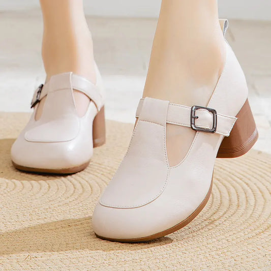 Chaussures rétro pour femmes à bout rond et talon épais avec bride
