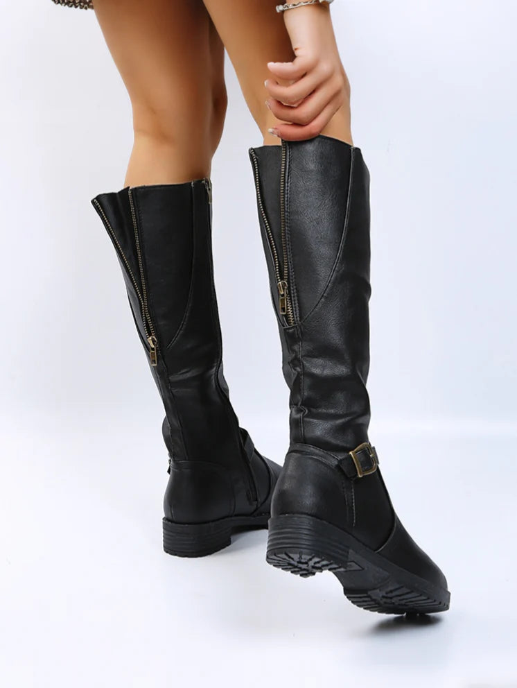 Bottes Femme d’Hiver à Talon Bas Hauteur Genou – Effet Cuir