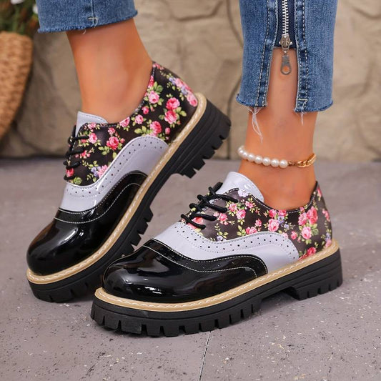 Chaussures à lacets à motif floral pour femmes, style brogue, à semelle épaisse