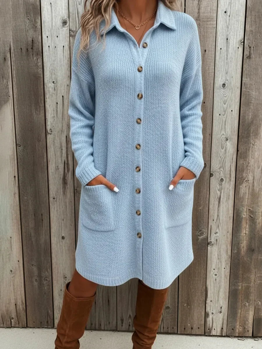 Robe chemise mi-longue en maille pour femme avec poches