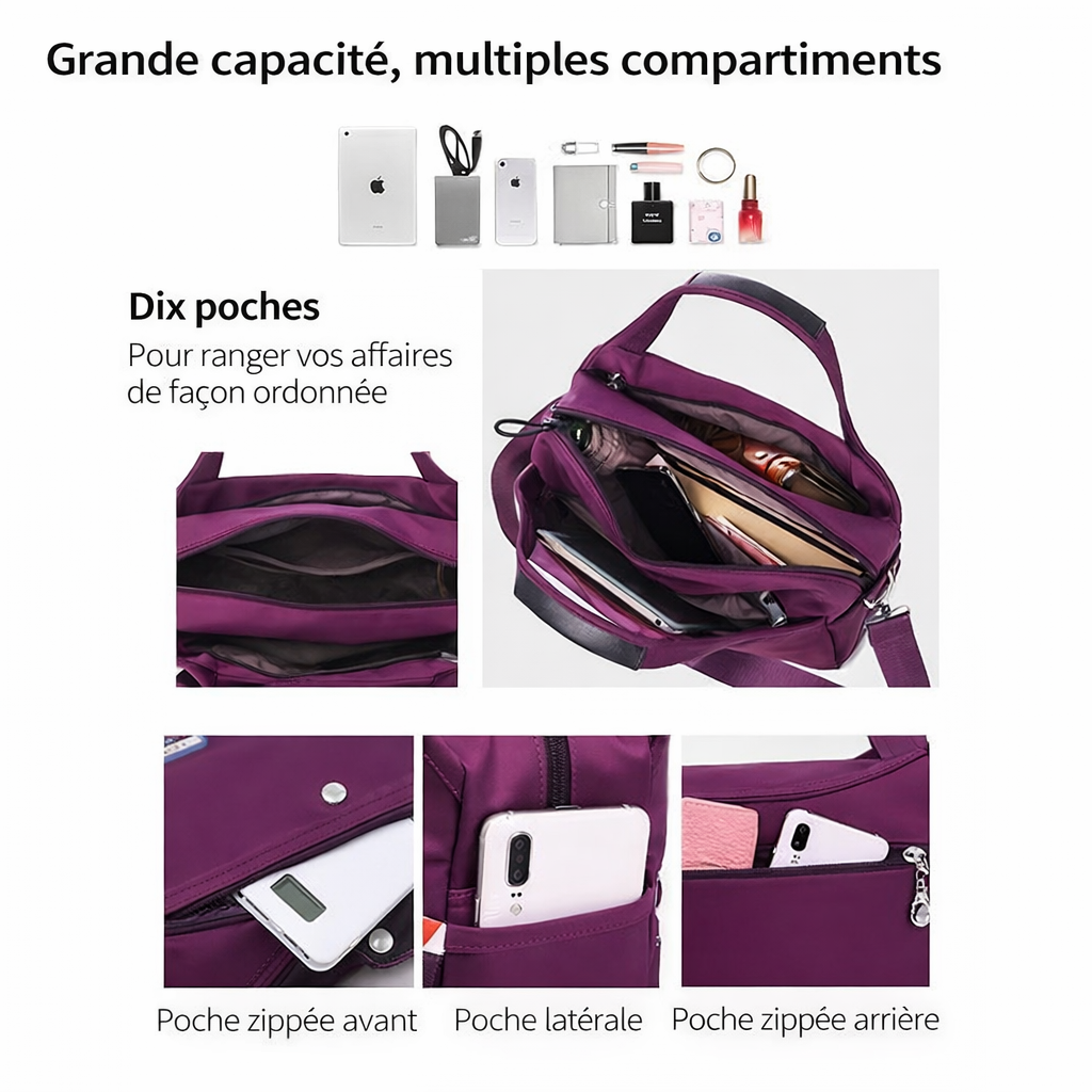 Sac bandoulière antivol multipoches en nylon pour femme