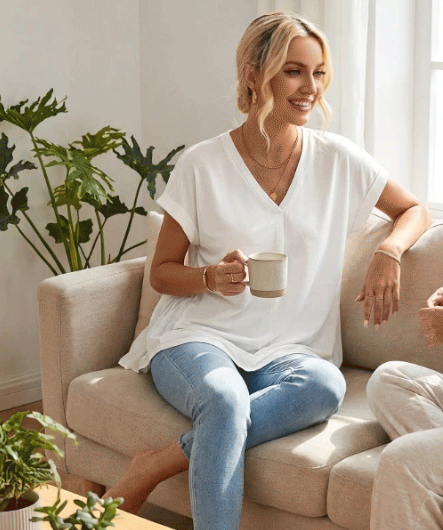 T-shirt décontracté à col en V avec détail texturé au dos pour femme