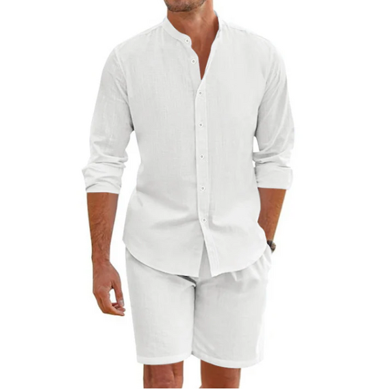 Ensemble haut à manches courtes et short à cordon en lin mélangé pour homme