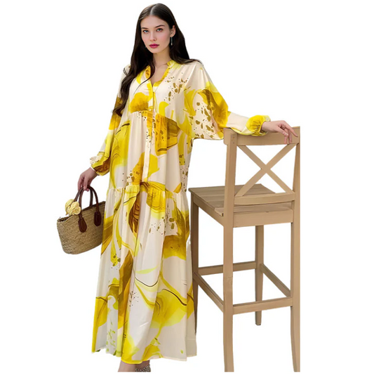 Robe longue imprimée à col en V et à volants pour femme
