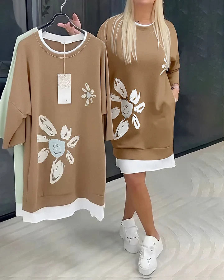Robe sweat-shirt patchwork imprimée décontractée pour femme