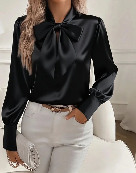 Chemisier en satin pour femme, col en V et nœud papillon