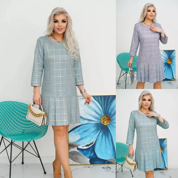 Robe Femme à Carreaux Coupe A-Line avec Ourlet Plissé