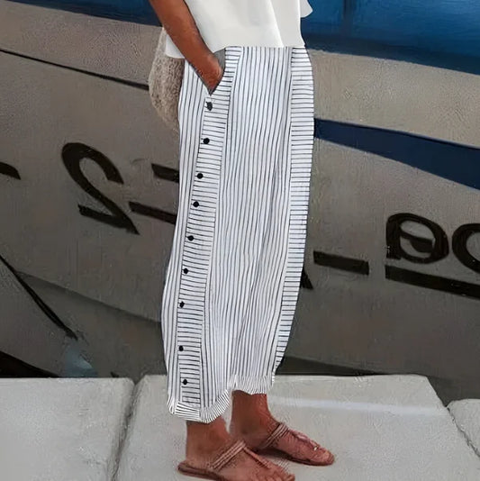 Pantalon léger à rayures bleues pour femme avec poches latérales