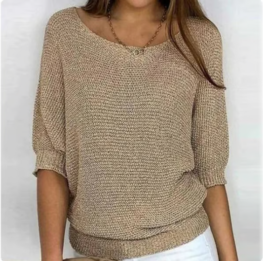 Pull uni à col rond et manches 3/4