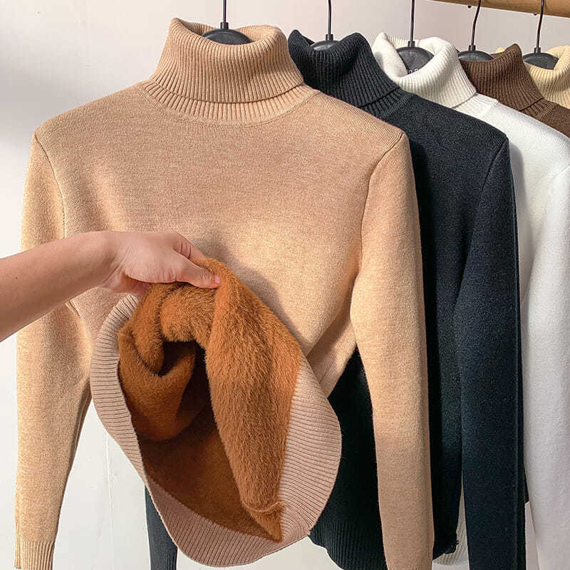 Pull thermique d'hiver pour femme, doublé polaire, en maille