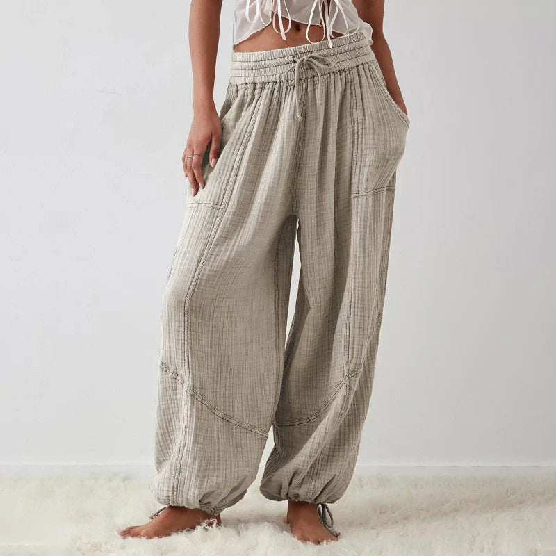 Pantalon décontracté pour femme à jambes larges élastiques avec poches
