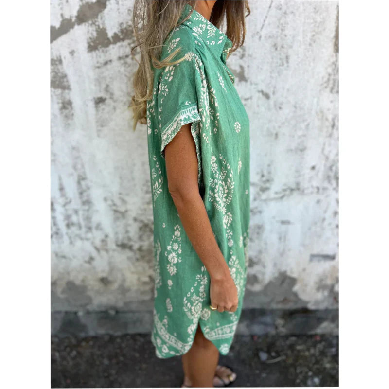 Robe courte imprimée à col en V et manches courtes avec poches pour femme