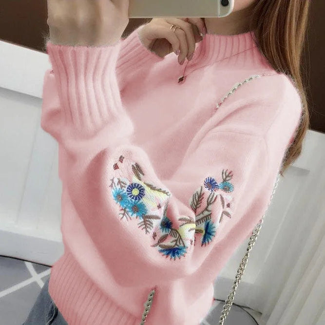 🔥 Pull en maille épaisse effet cachemire avec broderie florale
