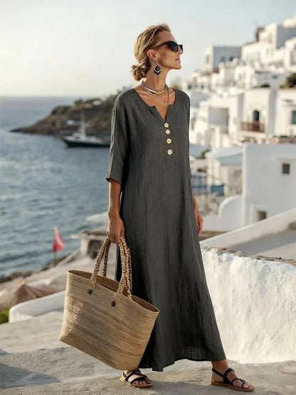 Robe midi décontractée à col en V et boutons décoratifs pour femme