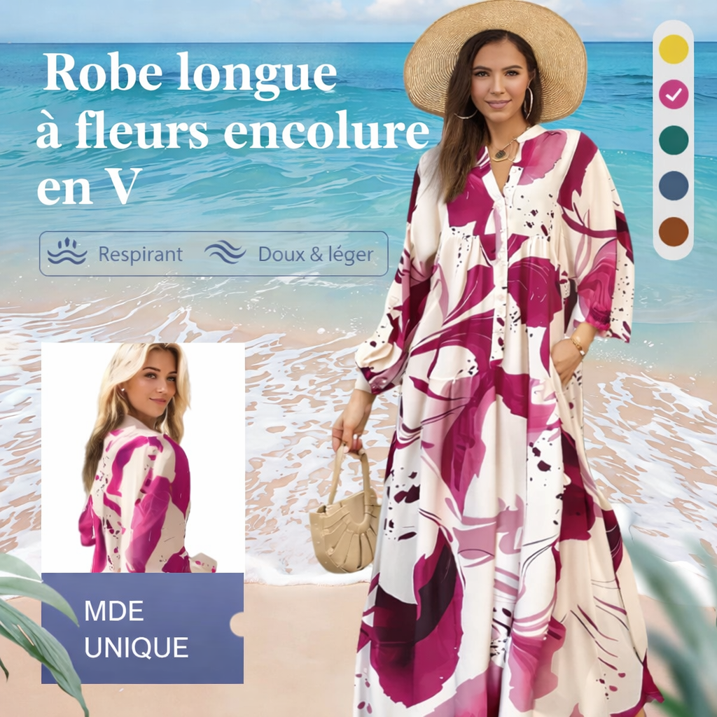Robe longue imprimée à col en V et à volants pour femme