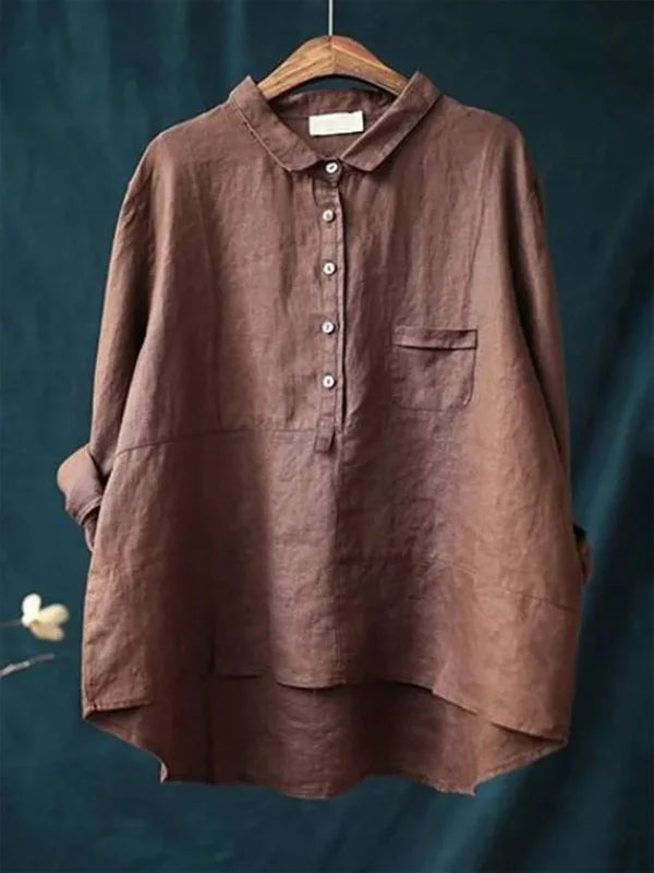 Chemise décontractée à revers multicolore en coton et lin pour femme