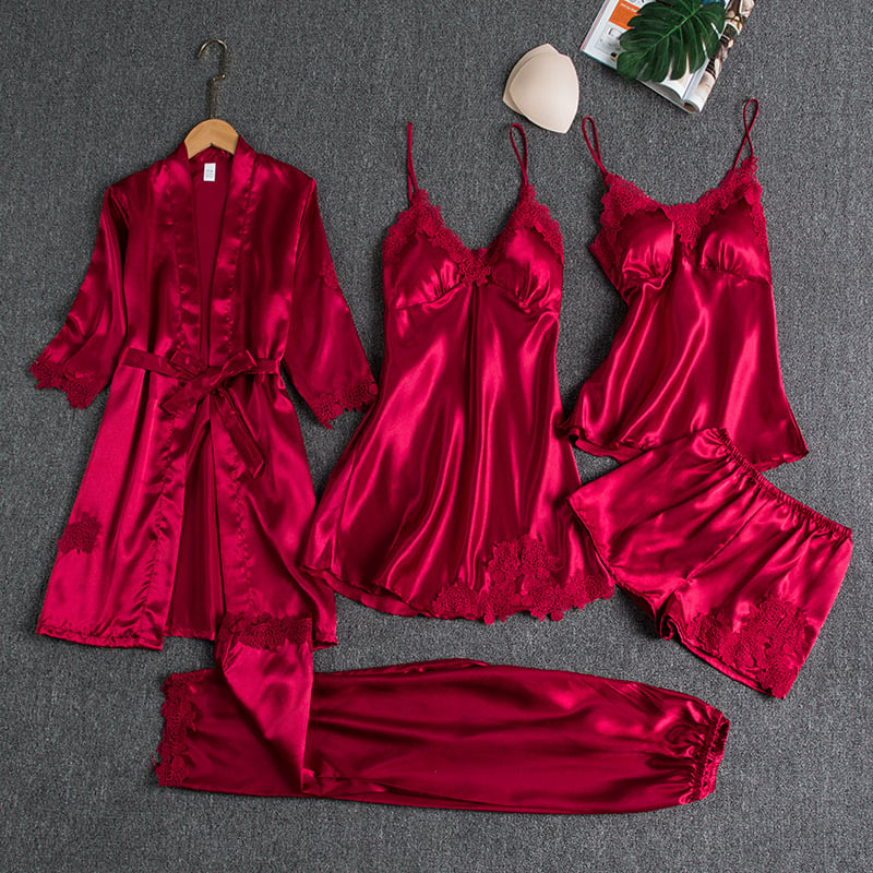 Ensemble de nuit 5 pièces pour femme avec bordure en dentelle soyeuse