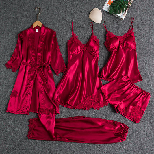Ensemble de nuit 5 pièces pour femme avec bordure en dentelle soyeuse