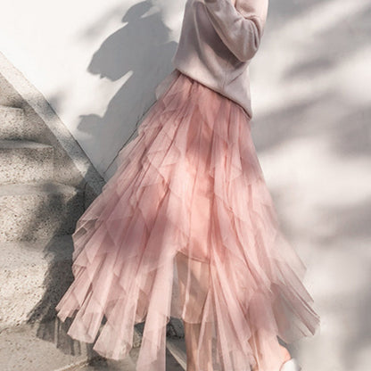 Jupe longue asymétrique à volants superposés pour femme