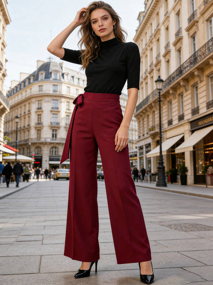 Pantalon à taille haute et jambes larges avec ceinture pour femme