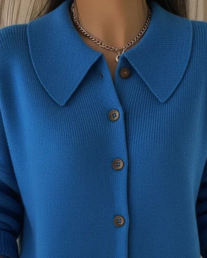 Pull en maille à col boutonné pour femme, couleur unie