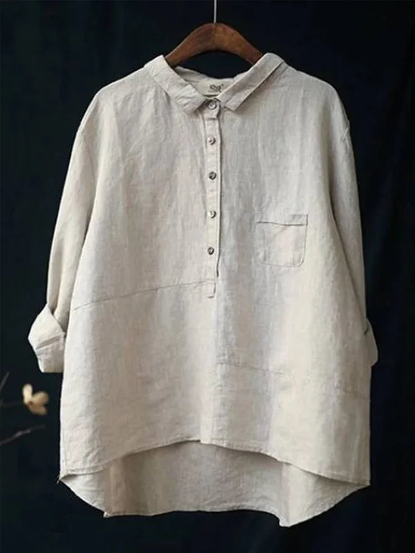 Chemise décontractée à revers multicolore en coton et lin pour femme