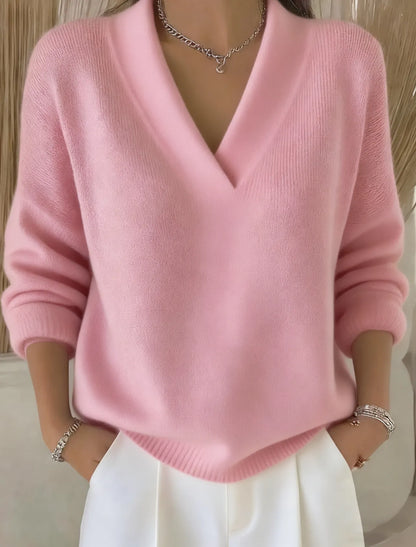 Pull décontracté en coton uni à col en V pour femme, arrivant sur les hanches