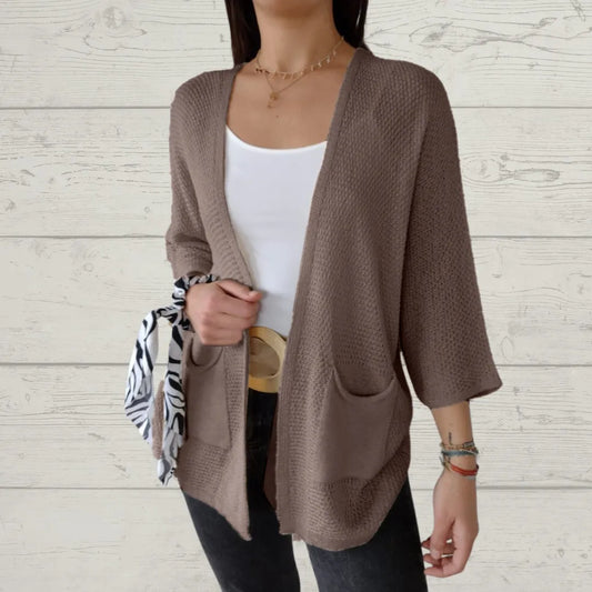 Cardigan à manches 3/4, ouverture sur le devant et poches pour femmes