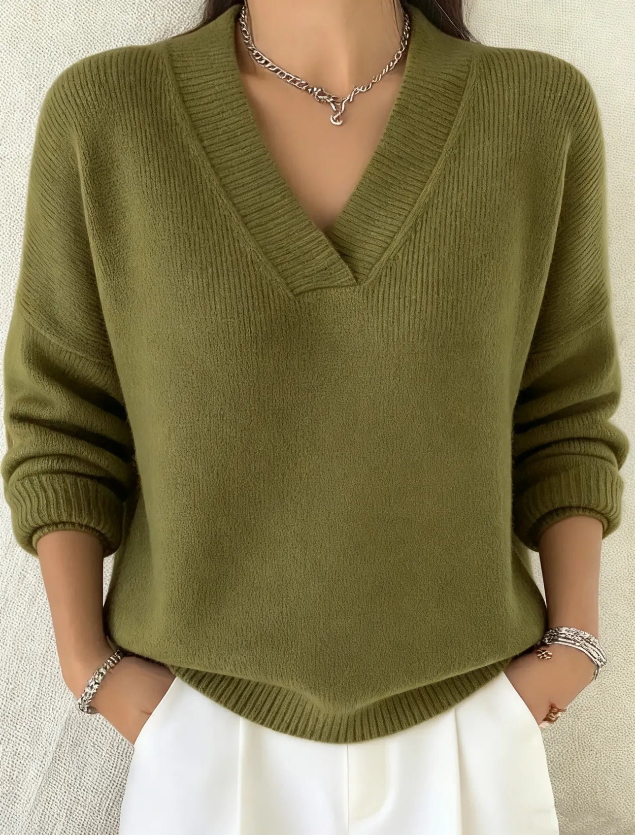 Pull décontracté en coton uni à col en V pour femme, arrivant sur les hanches