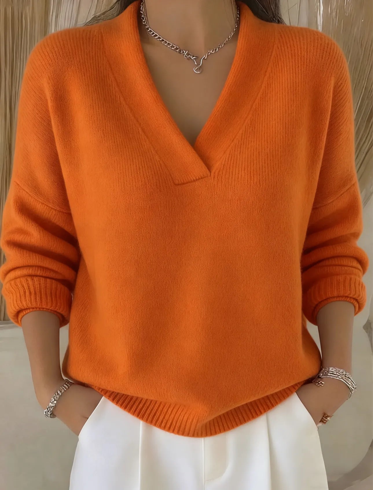 Pull décontracté en coton uni à col en V pour femme, arrivant sur les hanches