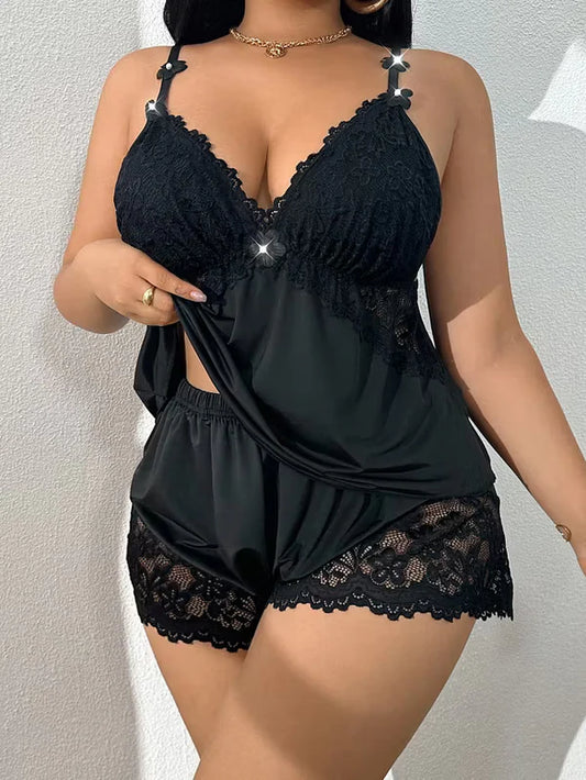 Ensemble Pyjama Caraco Bordé de Dentelle pour Femme