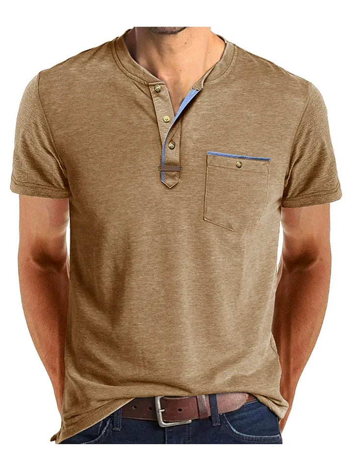 T-shirt Henley à manches courtes pour homme avec poche poitrine