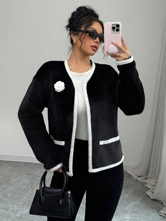 Veste Élégante À Col V Avec Appliqué Floral