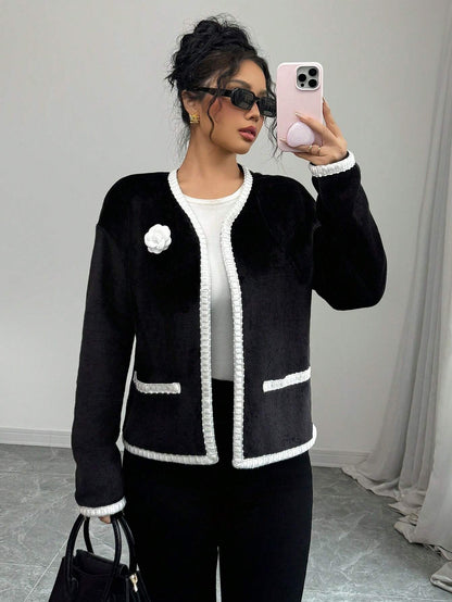 Veste Élégante À Col V Avec Appliqué Floral