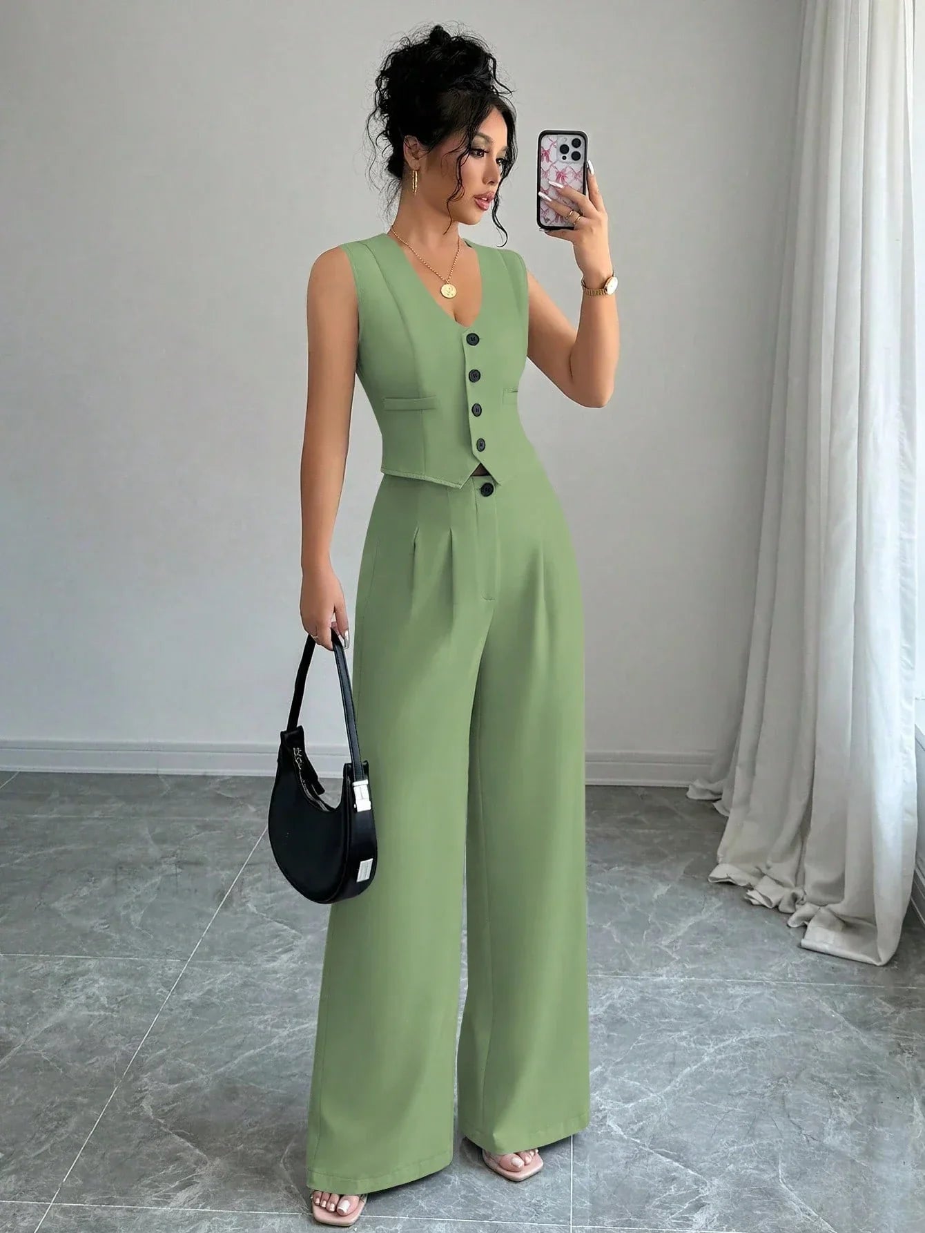 Ensemble Gilet À Simple Boutonnage Et Pantalon Plissé