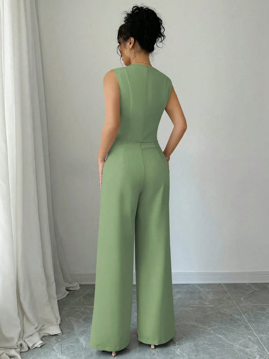 Ensemble Gilet À Simple Boutonnage Et Pantalon Plissé