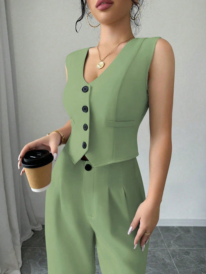 Ensemble Gilet À Simple Boutonnage Et Pantalon Plissé