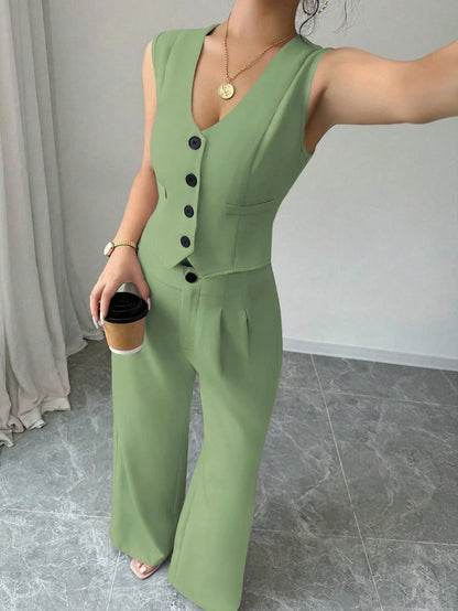Ensemble Gilet À Simple Boutonnage Et Pantalon Plissé