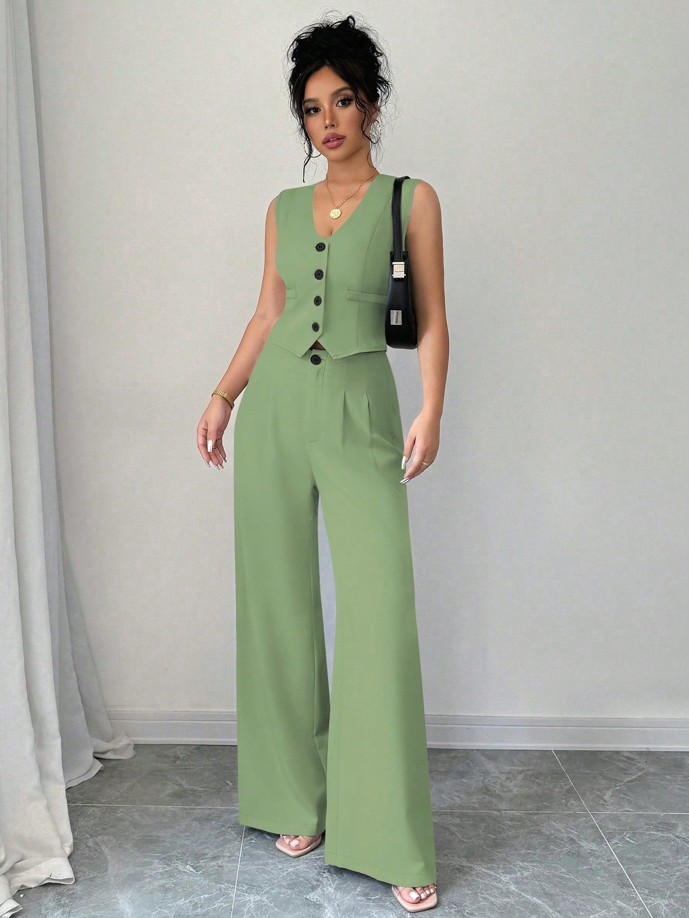 Ensemble Gilet À Simple Boutonnage Et Pantalon Plissé