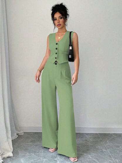 Ensemble Gilet À Simple Boutonnage Et Pantalon Plissé